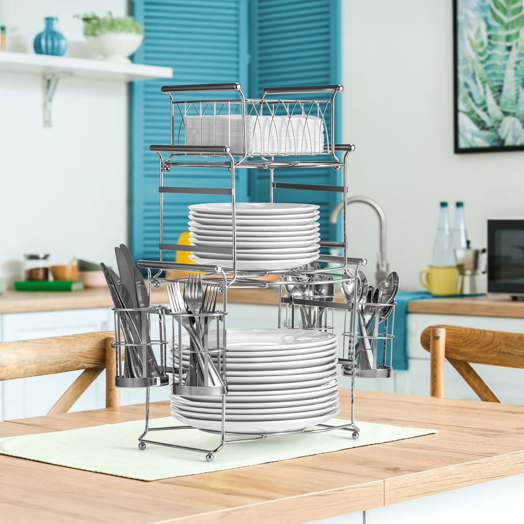 Sorbus Buffet Caddy — 7-Piece Stackable Set Includes Plate, Napkin, and Silverware Holder, 3-Tier Detachable Tabletop Organizer Ideal for Kitchen, Dining, Entertaining, Parties, Thanksgiving (Silver)