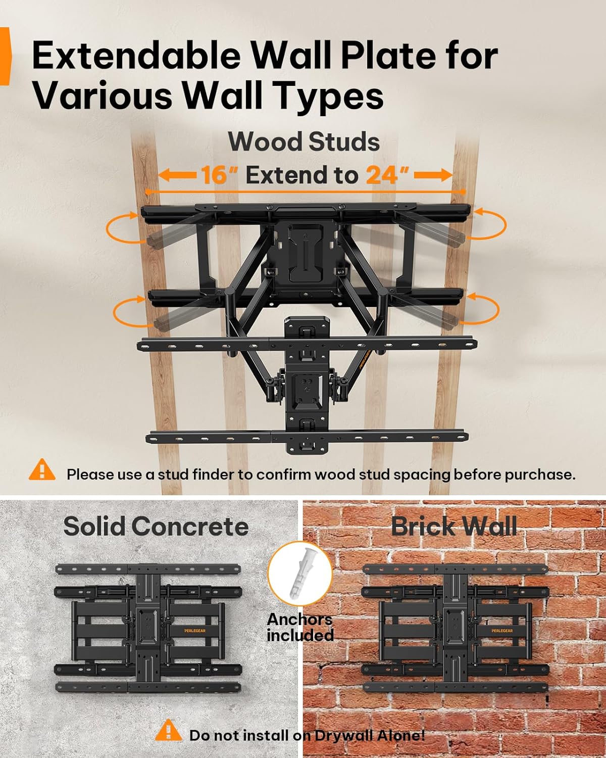 Perlegear Ultra Slim TV Wall Mount - Full Motion Design for 42-90" TVs | Fits 16"/24" Studs, Max VESA 600x400mm, Holds 132lbs