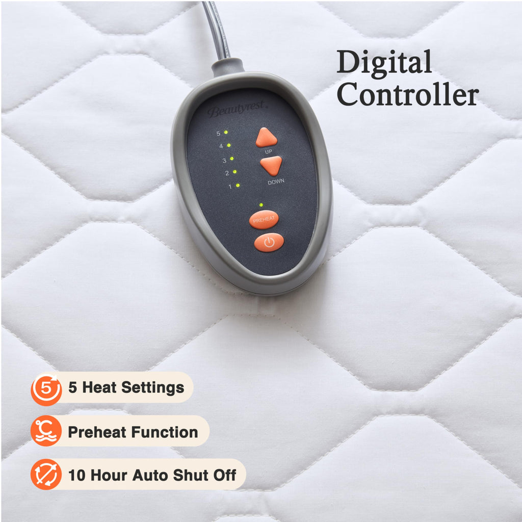 Beautyrest Cotton Blend Heated Mattress Pad Secure Comfort Technology - Luxury Quilted Electric Mattress Pad with Deep Pocket - 5-Setting Heat Controllers, Twin XL , White