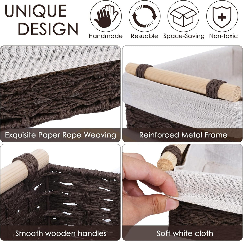 Wicker Storage Basket - Decorative Paper Rope Baskets with Wooden Handle | 2-Pack, Brown for Home & Office Organization