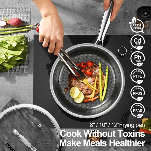 FogDream Non Stick Frying Pans Set, 10 & 11 Inch Stainless Steel Pans with Lids Tri-Ply Stainless Steel Pots and Pans Set for All Cooktops, Dishwasher & Oven-Safe Cooking Pan, Stay-Cool Handle, Silver