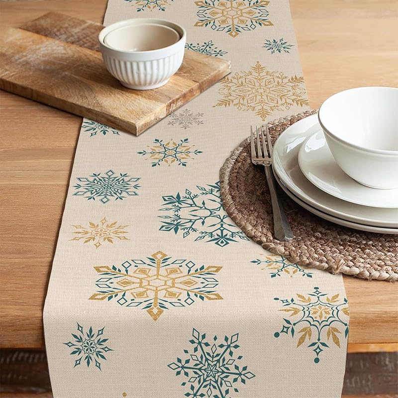 Seliem Winter Gold Blue Snowflakes Table Runner 13" x 90" - Farmhouse Linen