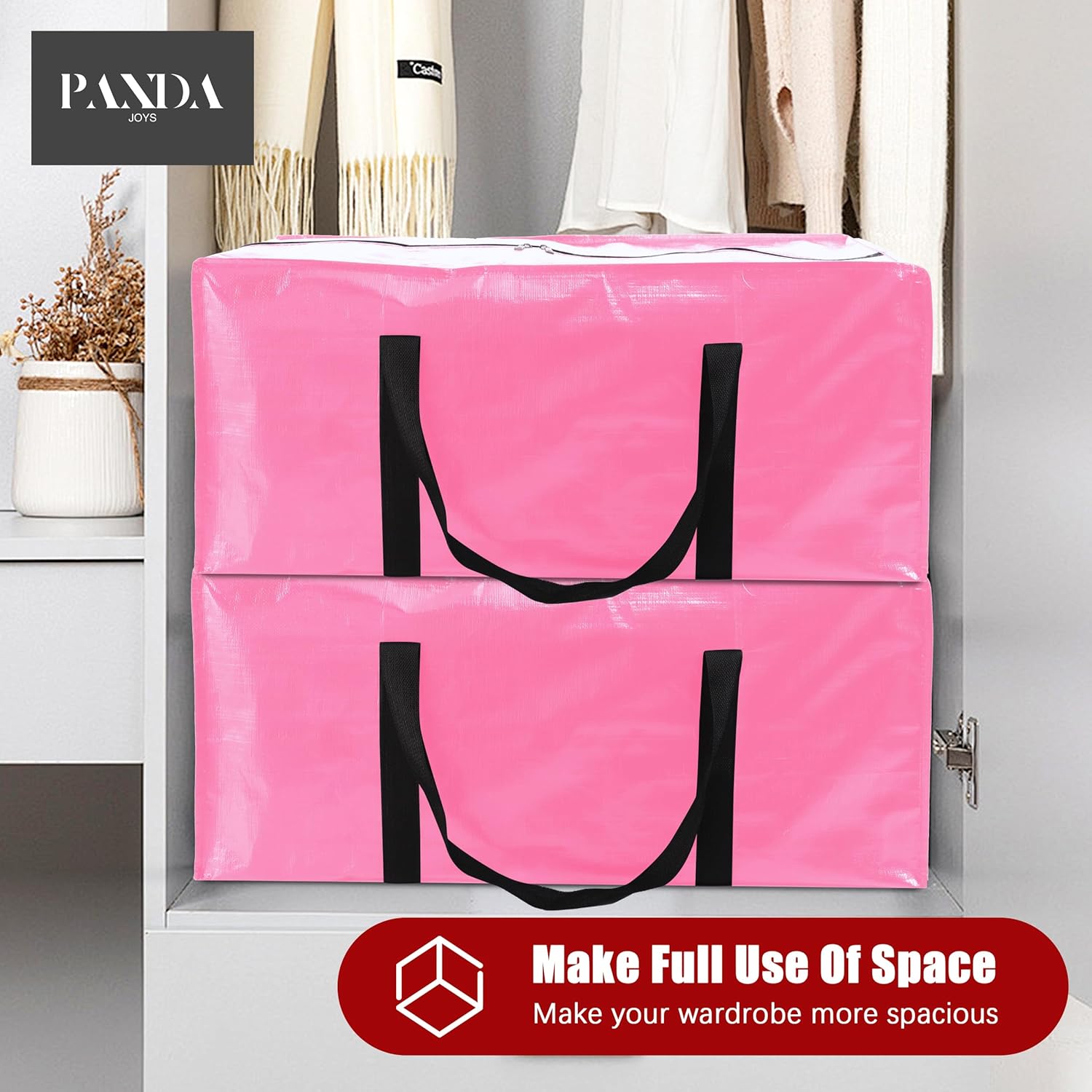 PANDA JOYS Extra Large Moving Bags - Heavy-Duty Storage Totes with Zippers & Handles | 12-Pack, Pink