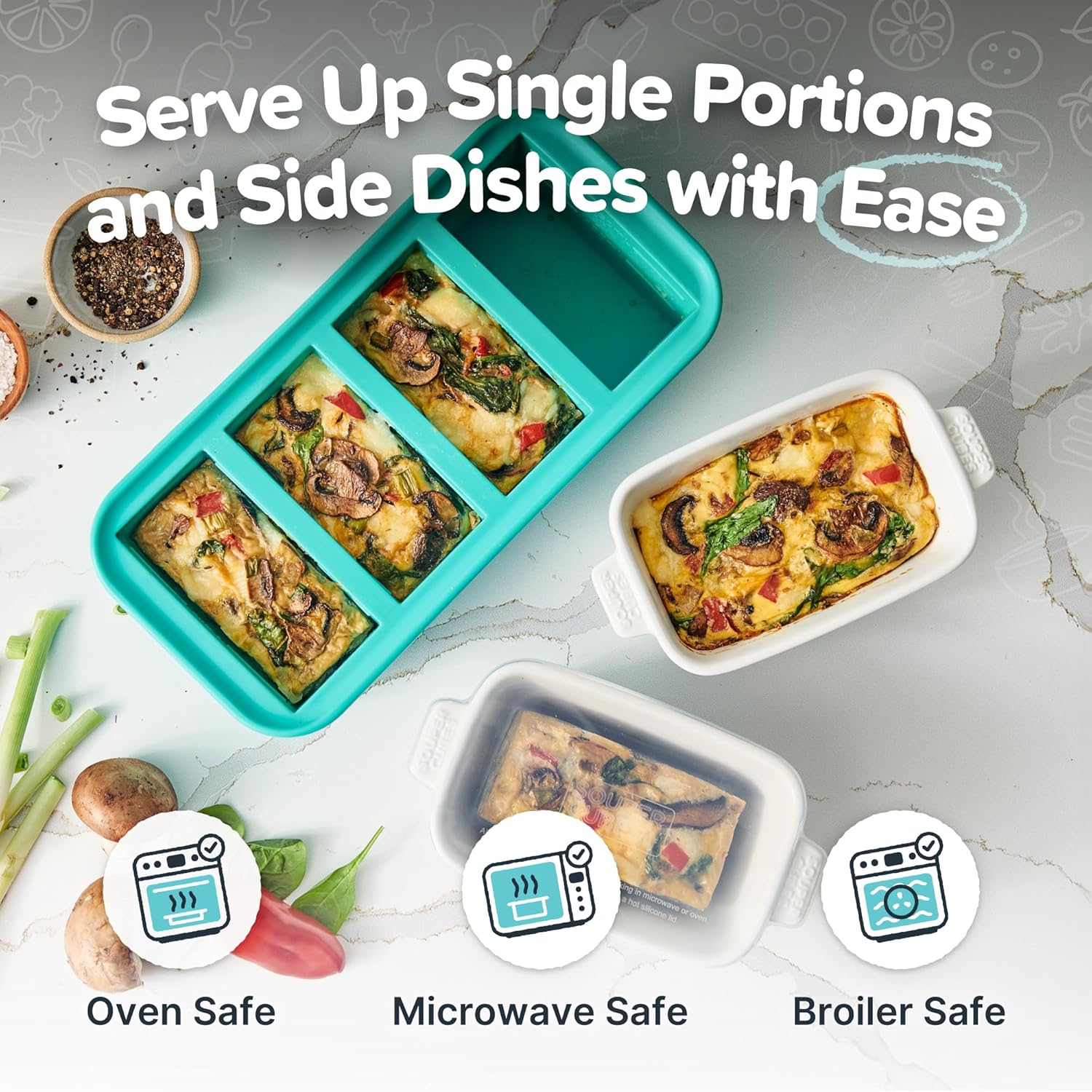 Souper Cubes Stoneware - Small Ceramic Baking Dish Set of 4 | 5" x 3" with Silicone Covers - White