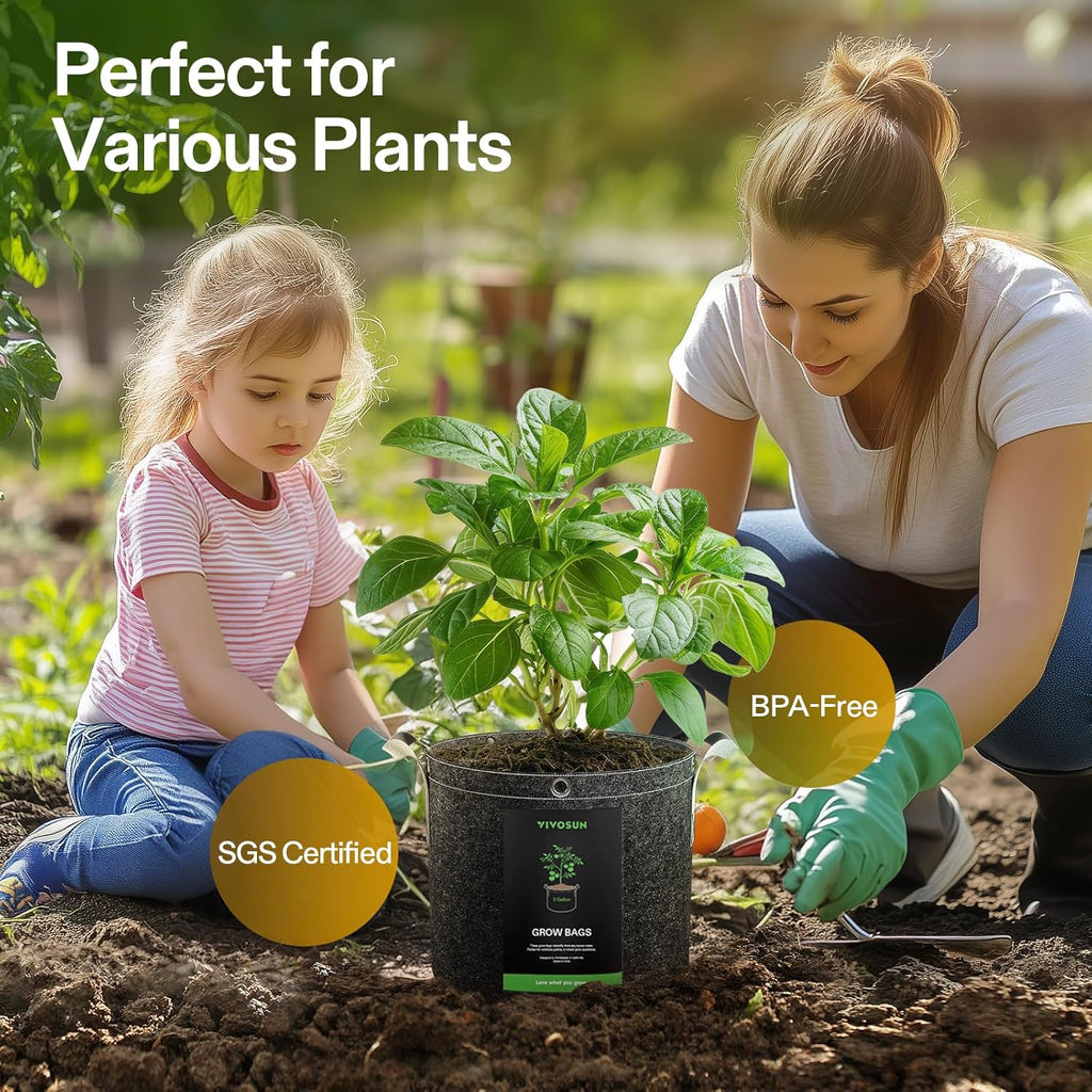VIVOSUN 3 Gallon Grow Bags - 5-Pack Thick Nonwoven Fabric Pots with Strap Handles for Plant Training