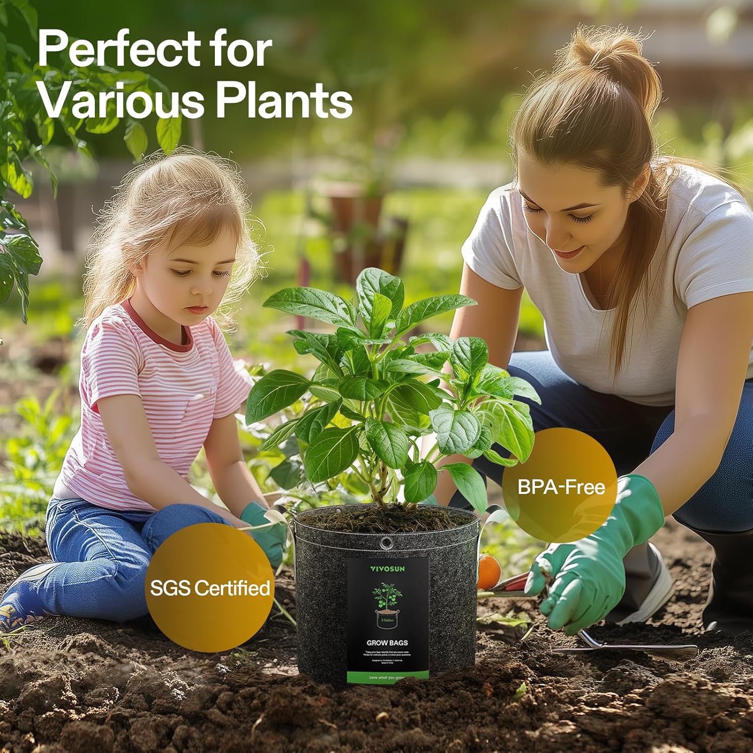 VIVOSUN 3 Gallon Grow Bags - 5-Pack Thick Nonwoven Fabric Pots with Strap Handles for Plant Training