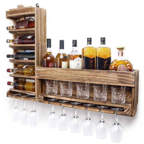 Homde Wine Rack Wall Mounted Wood,Alcohol Shelf with Bottle Stemware Glass Holder Rustic Whiskey Display Storage with Cork Storage for Home Bar Kitchen Decor (Regular Without LED)