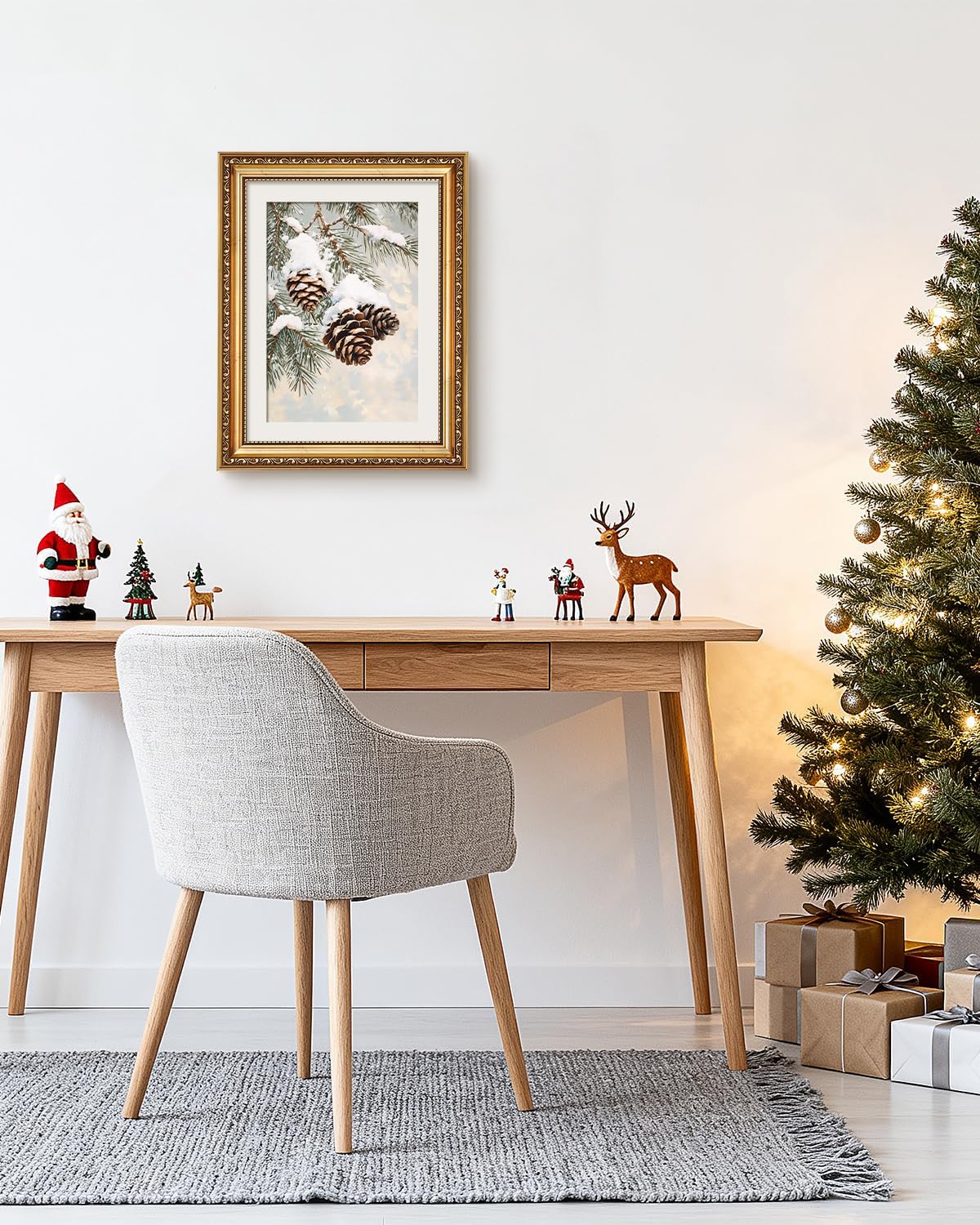 VIYYIEA Gold Framed Christmas Wall Art - Rustic Pinecone & Pine Tree Canvas Print | 11x14in Holiday Decor