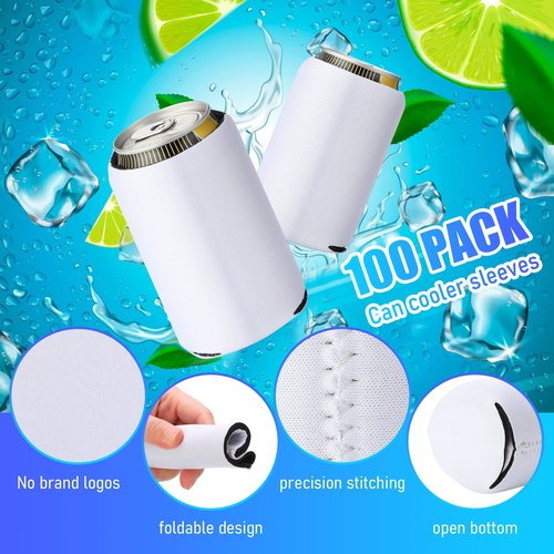 CHENGU 100 Pack Can Cooler Sleeves Neoprene Sublimation Insulated Beer Sleeves for Can Cooler Soda Drink Water Bottle Birthdays Weddings Bachelorette Party(Blank Style,White)
