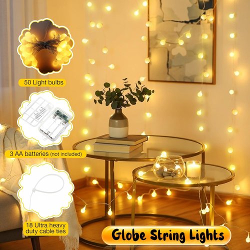 Enhon 50 LED Battery Operated String Lights - 23 Ft Globe Fairy Lights with 8 Modes & Timer for Indoor/Outdoor Decor