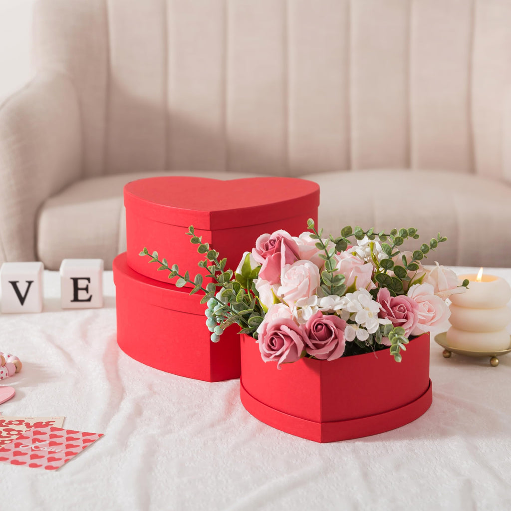 Soul & Lane Heart Shaped Boxes for Flowers - Set of 3 - Red, Large Cardboard Heart Gift Boxes for Presents with Lids, Ideal for Valentine's Day, Mother's Day