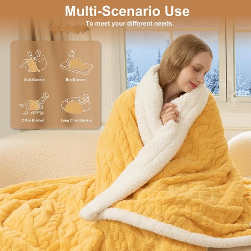 LUZARTA Electric Blanket Twin Size 62"X84" Yellow - Soft Thick Warm Sherpa Heated Blanket for Winter with 5 Fast Heating Levels & 10hrs Auto Off for Women, Washable & ETL Certified for Office, Bed