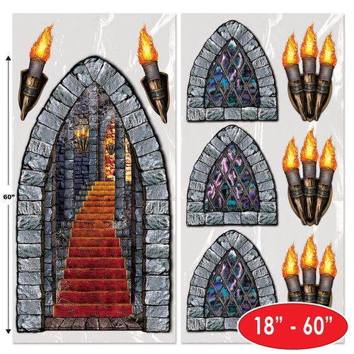 Beistle Medieval Stairway, Window & Torch Props 27 Image Set – Gothic Haunted Castle Plastic Cutouts for Halloween Parties, Dungeon Themes and Spooky Wall Decorations – 18" to 60"