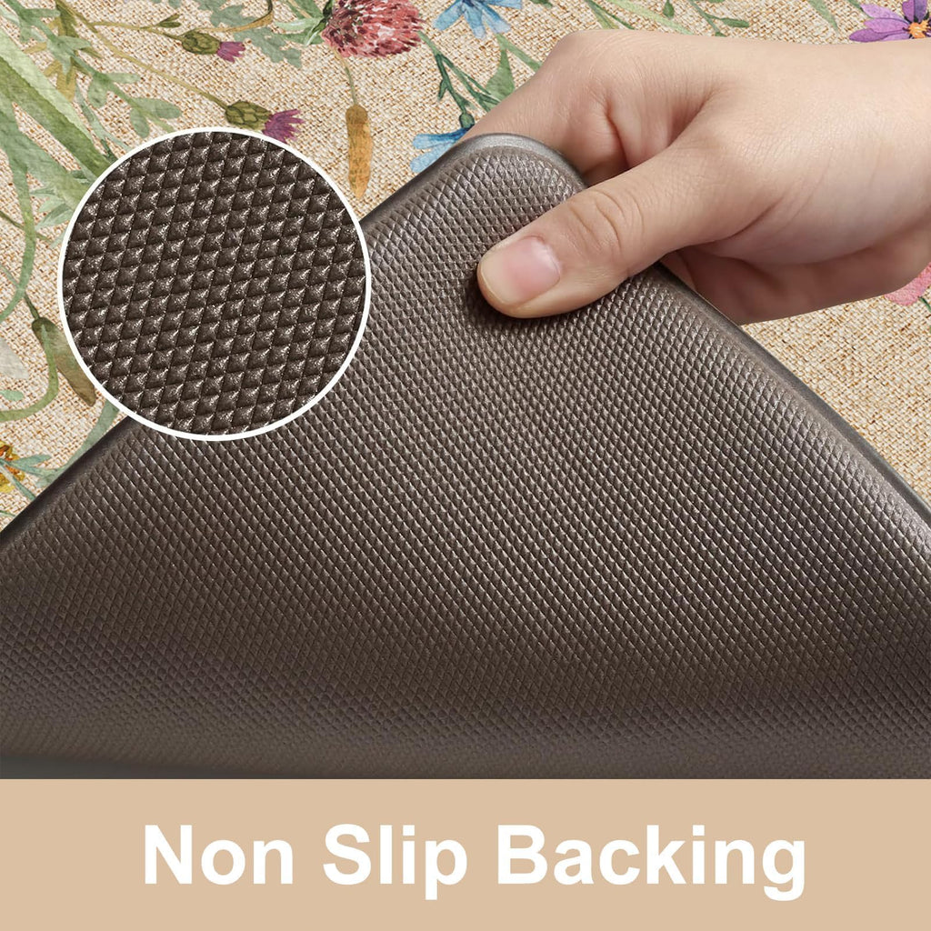 KIMODE Kitchen Anti Fatigue Mats, Farmhouse Flower Kitchen Rugs Sets of 2, Memory Foam Kitchen Mats for Floor, Waterproof Non Skid Standing Mats for Sink Laundry Office Desk Brown 20"x71"+20"x32"