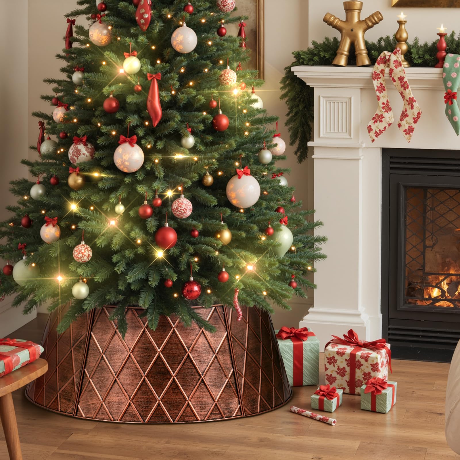 Lanpn Metal Christmas Tree Collar 24 inch, Christmas Tree Ring Collar for Small Mini Pencil Xmas Stand Cover Real Artificial Trees Indoor Outdoor Decoration (Copper, Diamond)