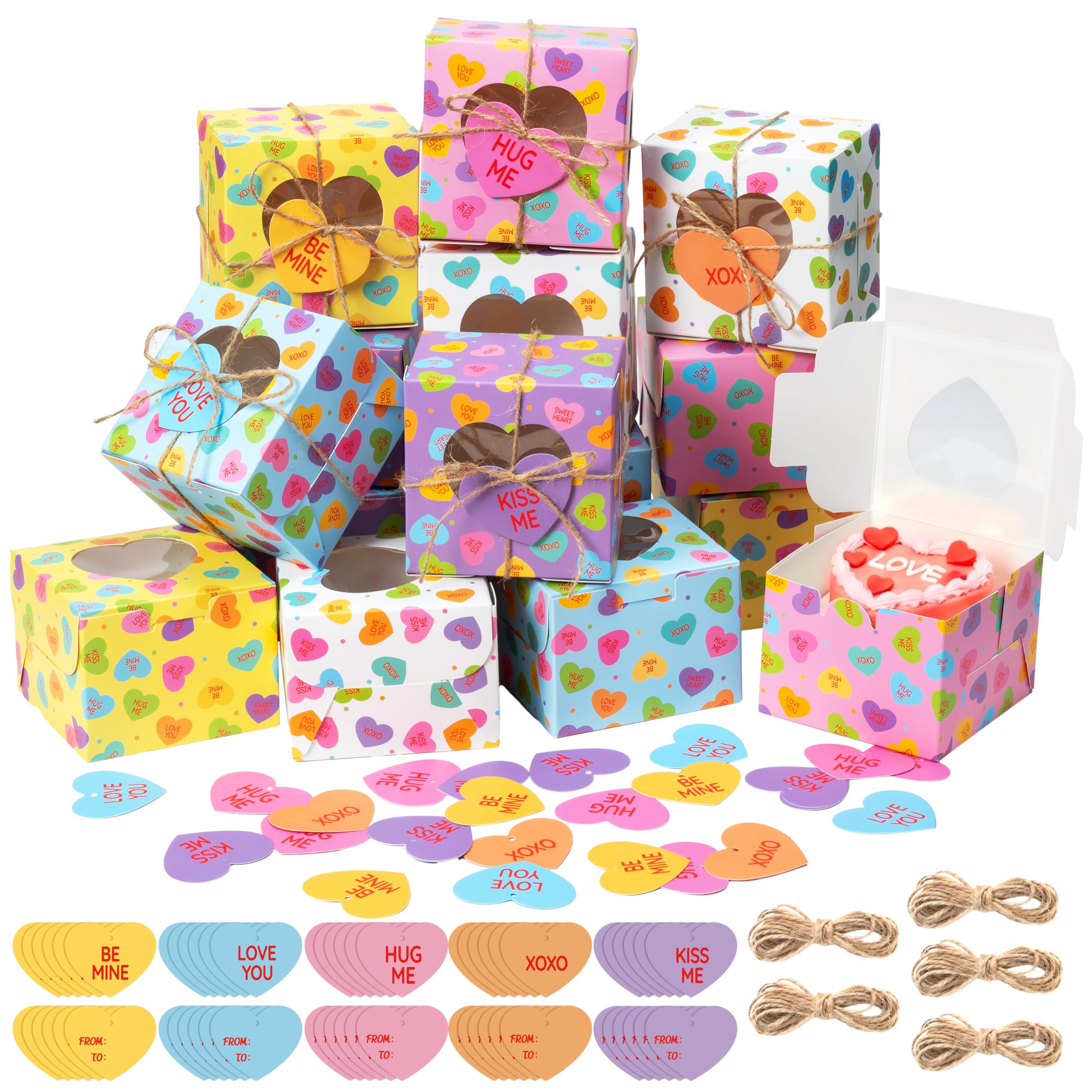 R HORSE 50Pcs Valentine's Day Bakery Treat Boxes, Valentines Candy Cookie Boxes with Heart Window, Cupcake Containers with Heart Shaped Cards for Cupcakes Donuts Chocolates Cookie Party Favor Supplies