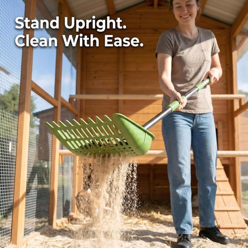 Chicken Poop Scooper - 2-in-1 Coop Scoop & Rake with Adjustable Stainless Steel Handle, 68 in