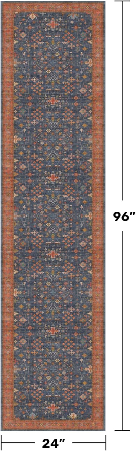 Skiennix Navy Blue 2x8 Long Runner Rug - Washable, Non-Skid Rubber Backing, Stain Resistant, Floral Design