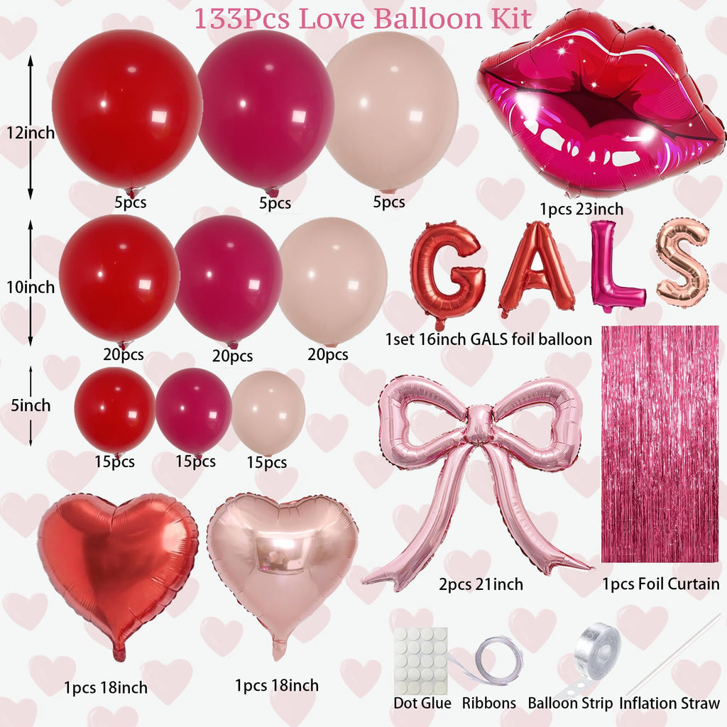 Galentine's Day Balloon Arch Kit - 133 Pcs Pink Red GALS Letter Balloons, Heart, Lip & Bow Foil Balloons with Pink Curtain for Valentine's Day, Bachelorette, Birthday Party Decorations