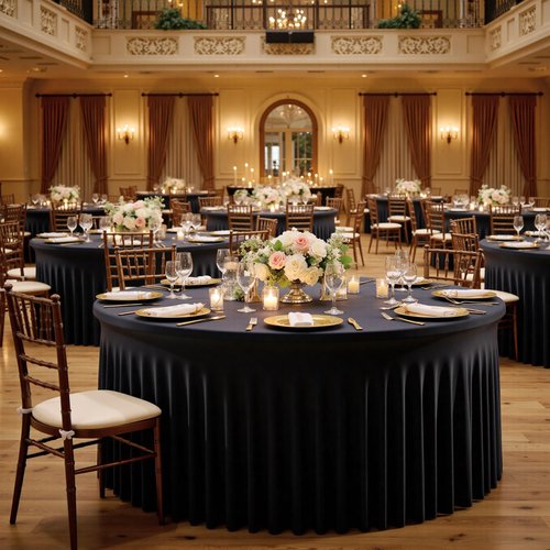 6 Pack Black Round Spandex Tablecloths for 60 inch Tables, Wrinkle Free Stretchy 120 inch Fitted Round Table Cloths Cover with Elegant Skirt for Wedding Birthday Parties Banquet