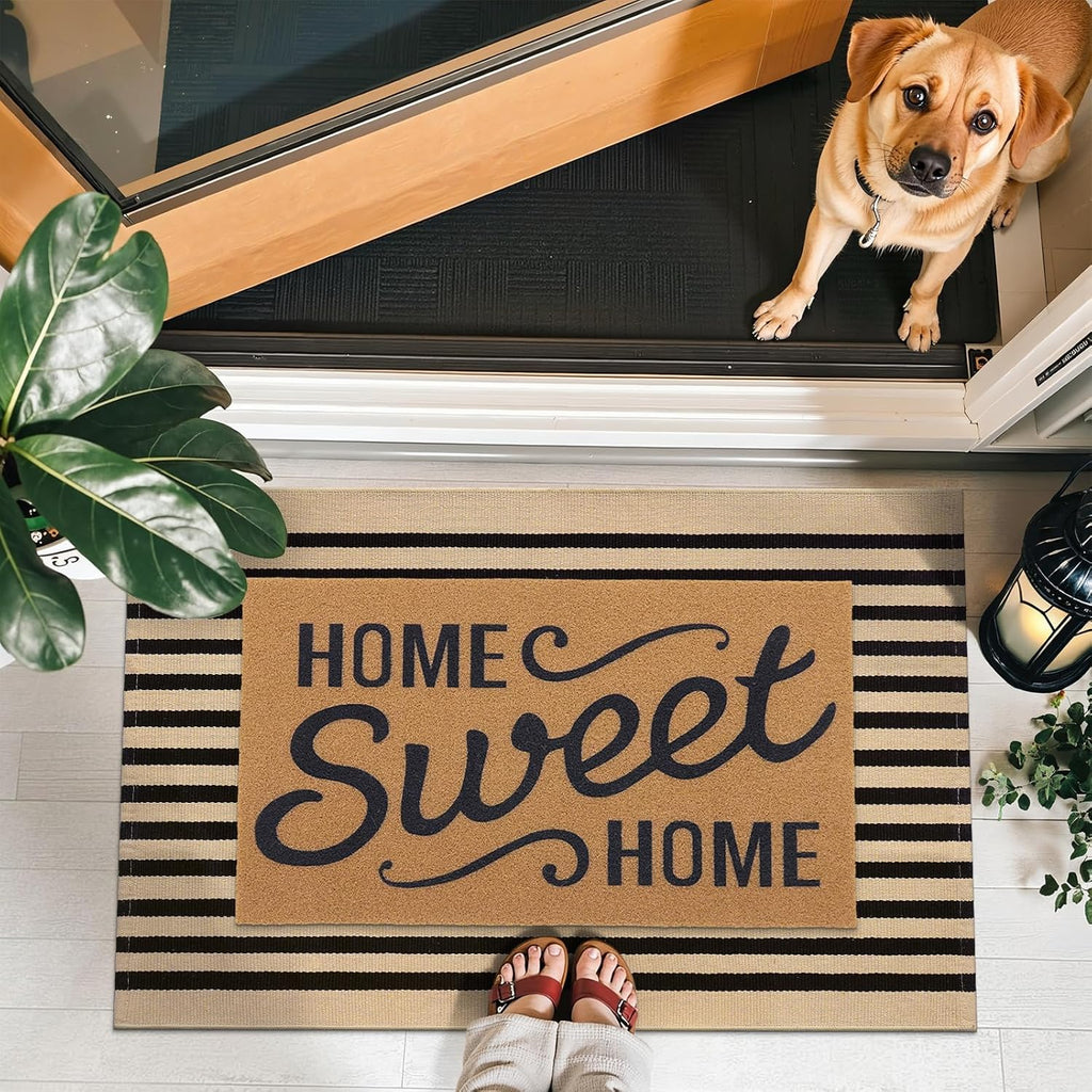 OLANLY Striped Rug - Washable Brown and Black Cotton Doormat | 2' x 3' for Indoor/Outdoor Use