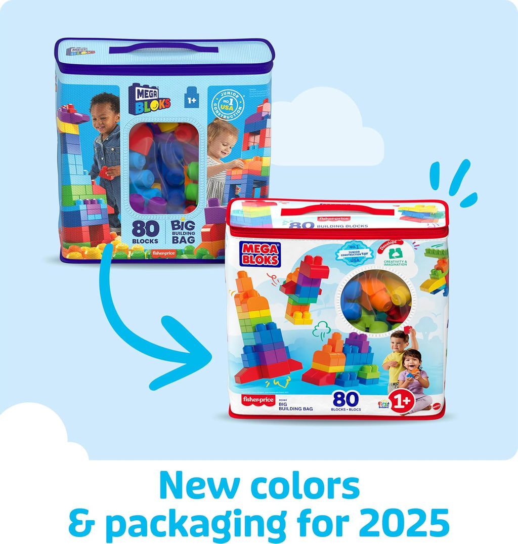 MEGA BLOKS First Builders Toddler Blocks Set - 80-Piece Building Bag with Storage | Blue, Ages 1+
