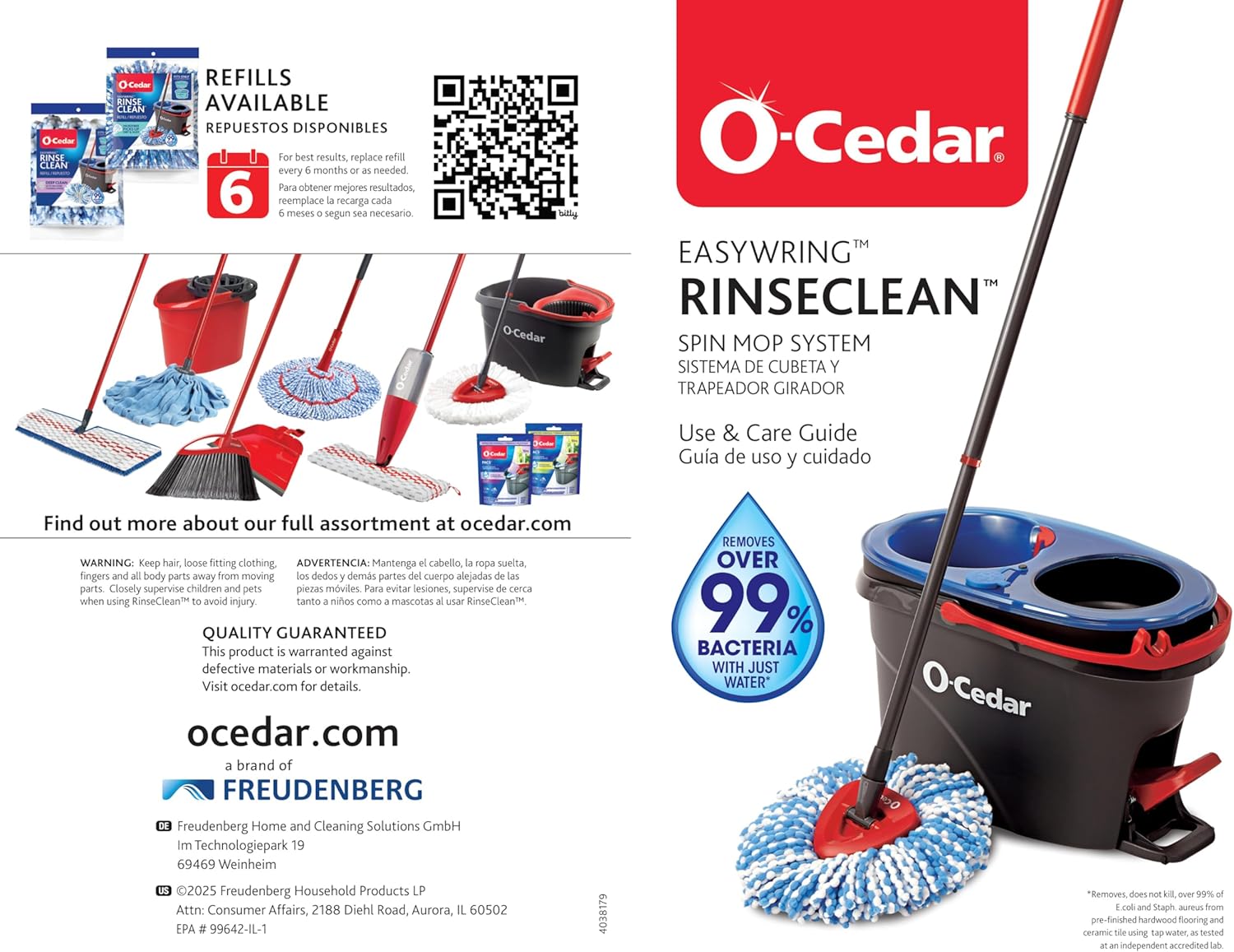 O-Cedar RinseClean Spin Mop & Bucket System - Effortless Cleaning with Water | Eliminates 99% of Bacteria