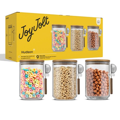 JoyJolt Holden 32oz Stackable Glass Storage Containers with Lids and Scoops, Airtight Food Canister Set of 3 w/Acacia Wood Lids, Round Stacking Pantry and Kitchen Containers w/Scoop | Clear