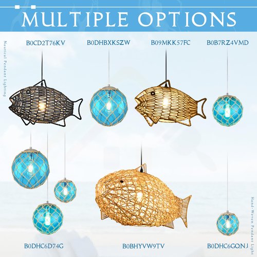 Blue Pendant Light Coastal Pendant Light Nautical Pendant Lighting Beach House Lighting Fixtures Ocean Lighting Fixture Coastal Hanging Light Fixtures Fish Float Glass Ball Lighting(Bulb Incl.