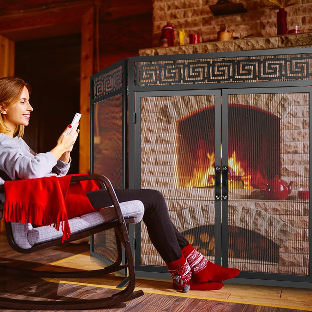 Nouetele Fireplace Screen with Doors, 3 Panel Fire Place Screens Stand Alone, Extra Large Heavy Duty Wrought Iron Spark Guard, Outdoor Metal Mesh Gate for Child Safety, Black 50" W x 32" H