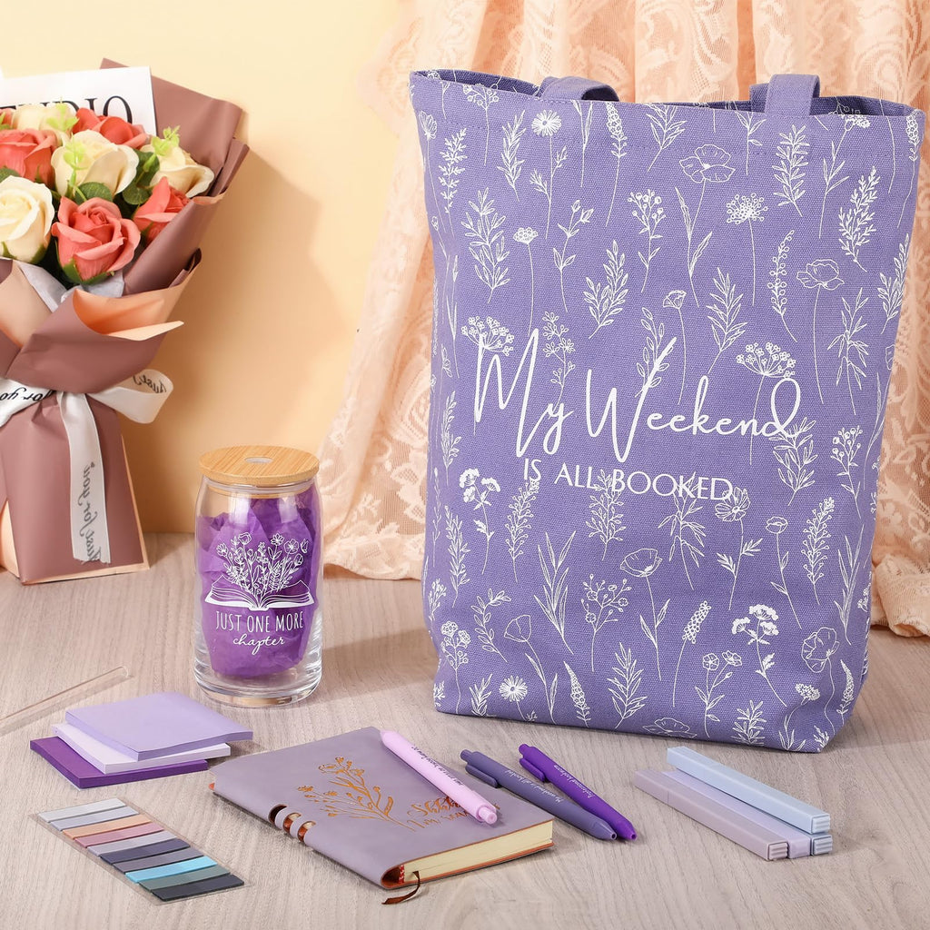 Havawish 14 Pcs Book Lovers Gifts for Women 16 oz Glass Cup Tote Bag A6 Journal Notebook Ballpoint Pens Highlighters Sticky Notes for Library Reader Bookworm Book Club(Purple,Aesthetic)