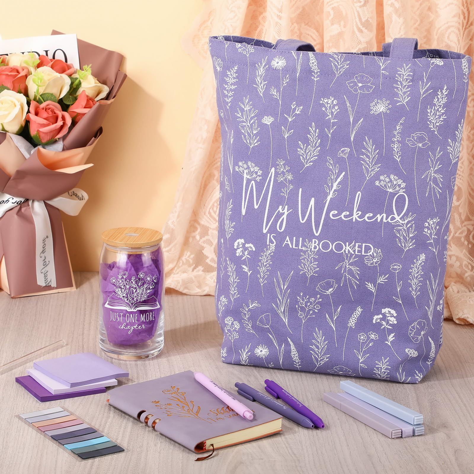 Havawish 14 Pcs Book Lovers Gifts for Women 16 oz Glass Cup Tote Bag A6 Journal Notebook Ballpoint Pens Highlighters Sticky Notes for Library Reader Bookworm Book Club(Purple,Aesthetic)