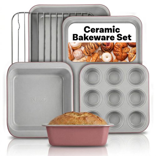 Gotham Steel 6 Pc Stackable Baking Pans Set, 70% Space Saving Design, Ceramic Bakeware Sets Non Toxic Made Without PFOA PFOS, with Baking Sheet Tray, Cake & Muffin Pans, Oven & Dishwasher Safe