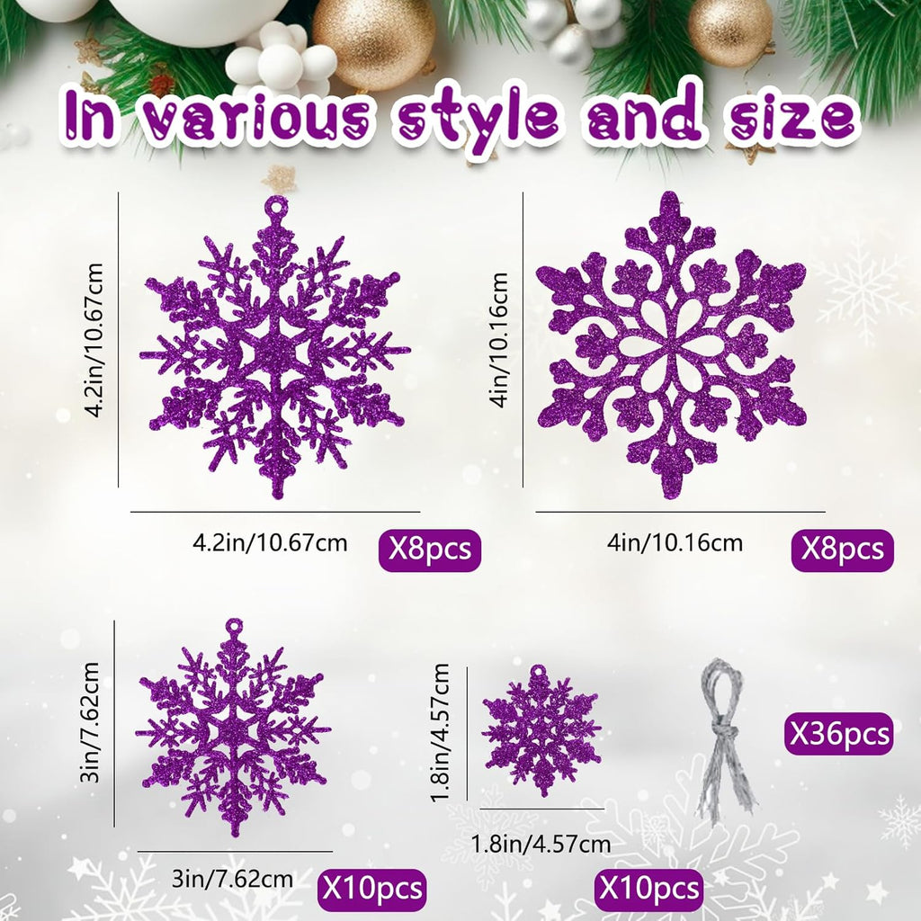 Skiennix 36pcs Christmas Deep Purple Snowflake Ornaments - Plastic Hanging Decor for Winter Wonderland