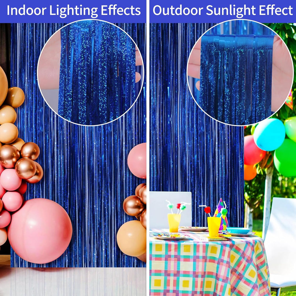 Picoway Foil Fringe Tinsel Backdrop Curtains - 4 Pack for Birthday & Bachelorette Party Decor | Blue