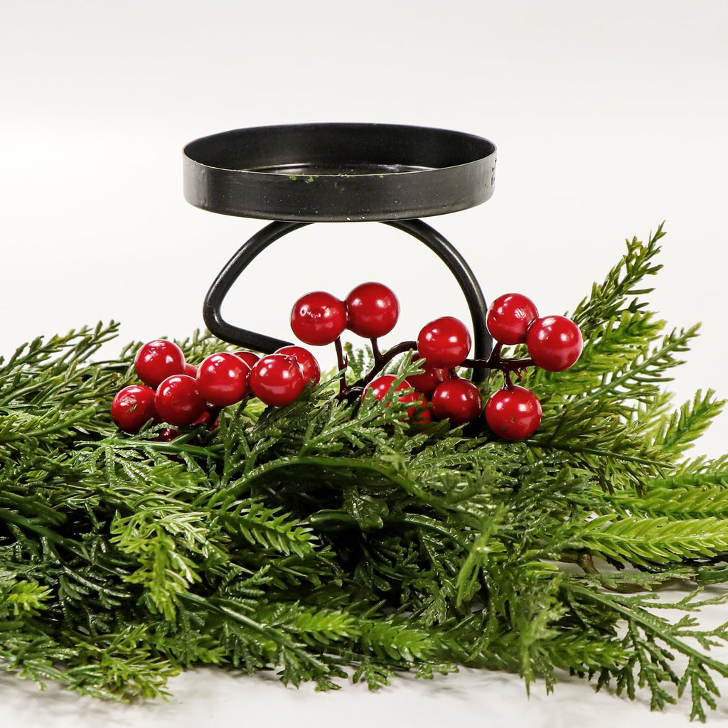 Regine Switzerland Rustic Christmas Candle Holder - 3 Tray Design with Norfolk Pine & Red Berries | 40cm Holiday Centerpiece