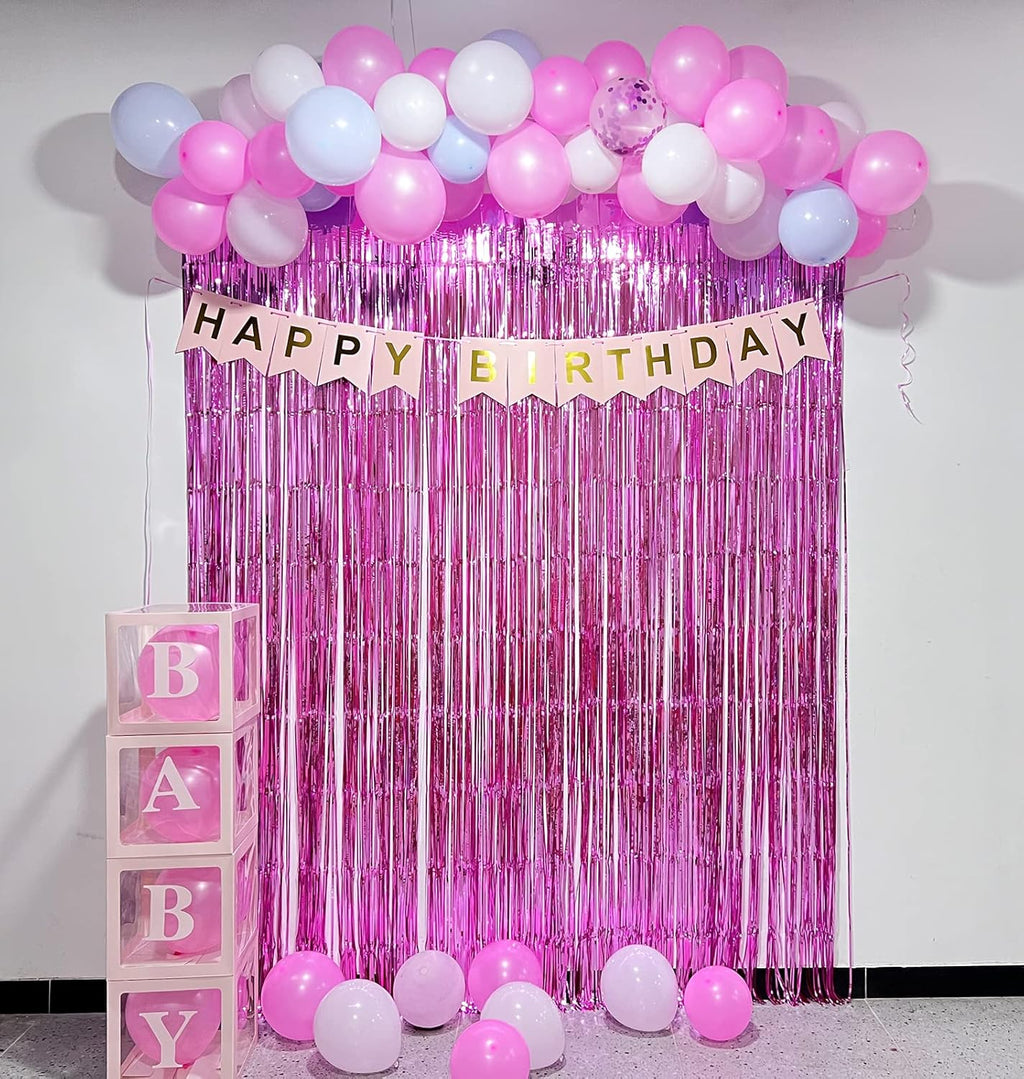Melsan Pink Foil Fringe Curtains - 3.2 x 8 Ft Metallic Tinsel Backdrop for Baby Showers & Birthday Parties | Pack of 2