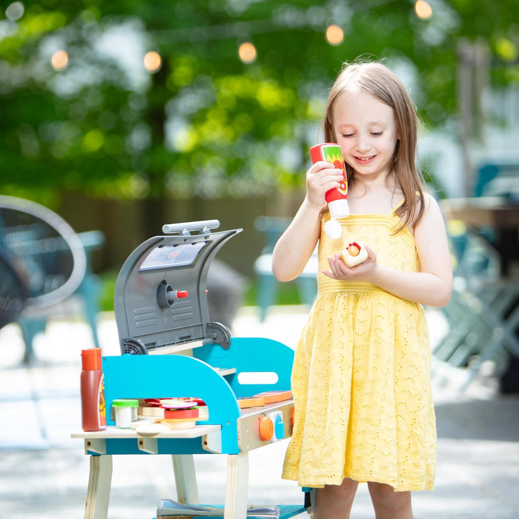 Melissa & Doug Deluxe Wooden Barbecue Grill & Smoker | Kids Play Kitchen Set with Toy Food - FSC Certified