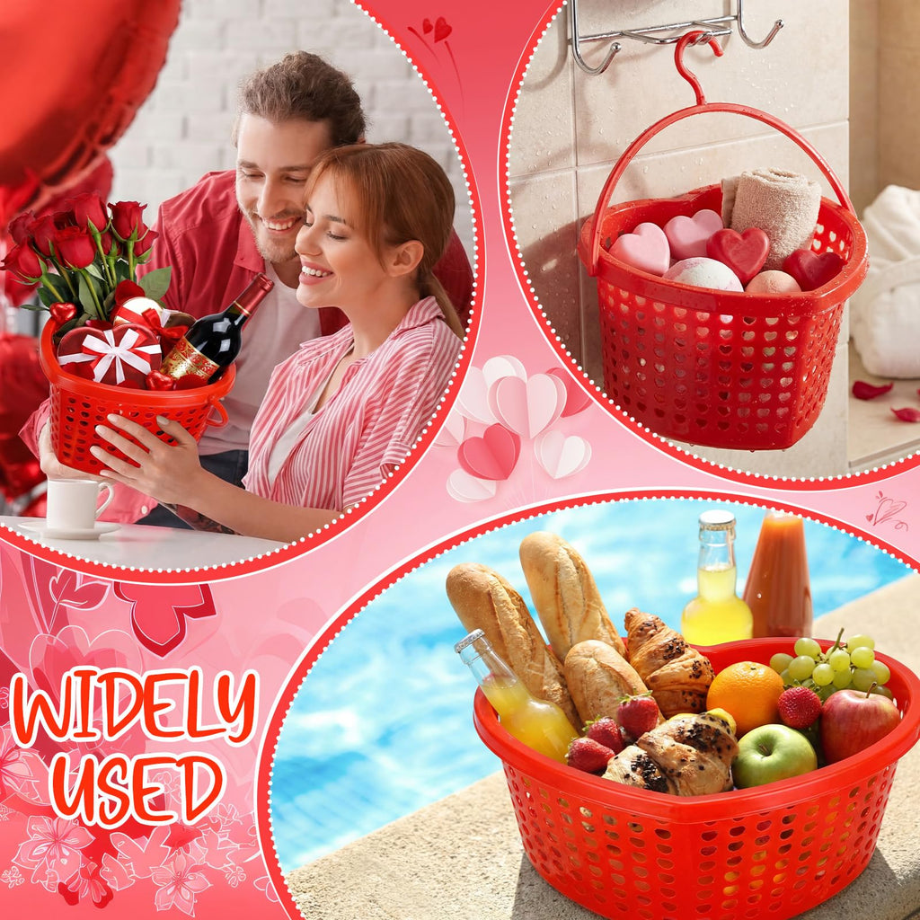 Acellegic 24 Set Pink Valentine's Day Heart Baskets Hollowed Plastic Storage Baskets with Handles for Gift Organizing Home Kitchen Office Birthday Party
