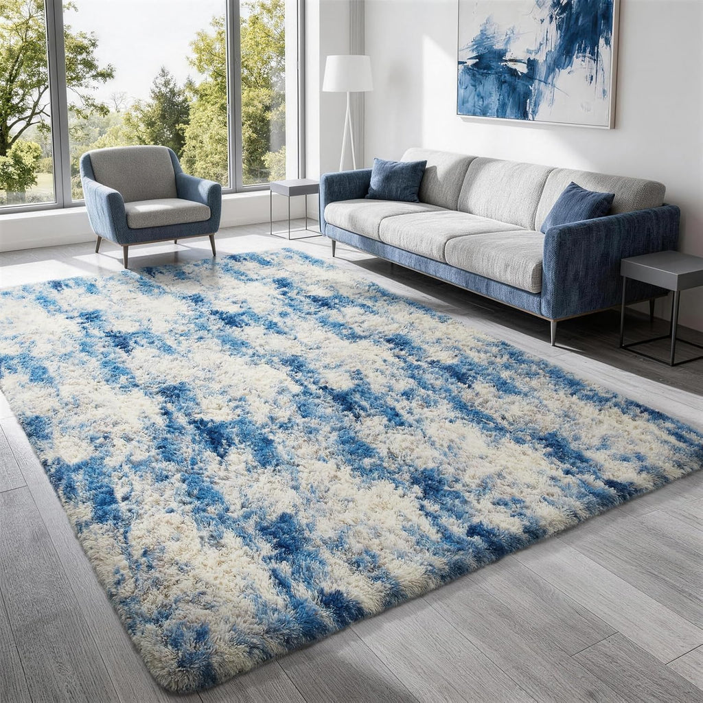 Ophanie Area Rug - Fluffy Shag Soft Carpet for Living Room | 5x7 Blue, White & Grey Design