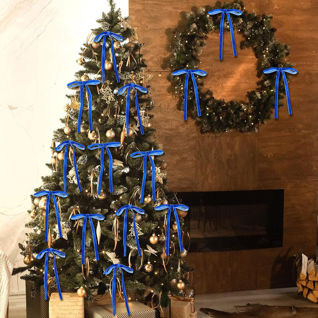 Royal Blue Velvet Bows - 24 Pcs Christmas Tree Ornaments | Valentine's Day Garland Decor (5 x 7 Inch)