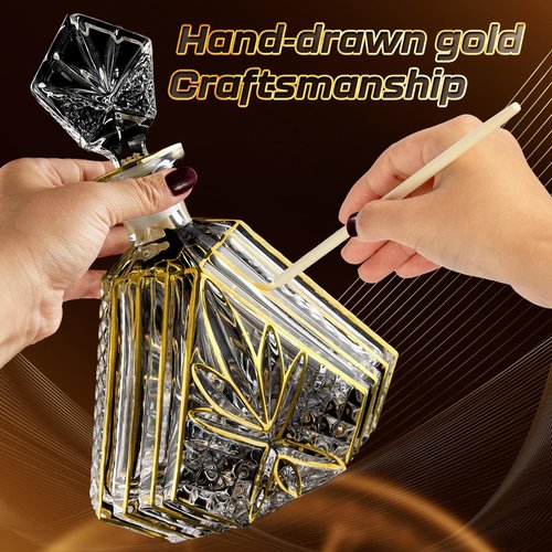 Hand-painted Gold Decanter Set for Men - Whiskey Decanter, Wine Aerator, and 2 Glasses, Liquor Bottles, Bourbon and Tequila Decanter,crystal decanter and 2 old fashioned glass