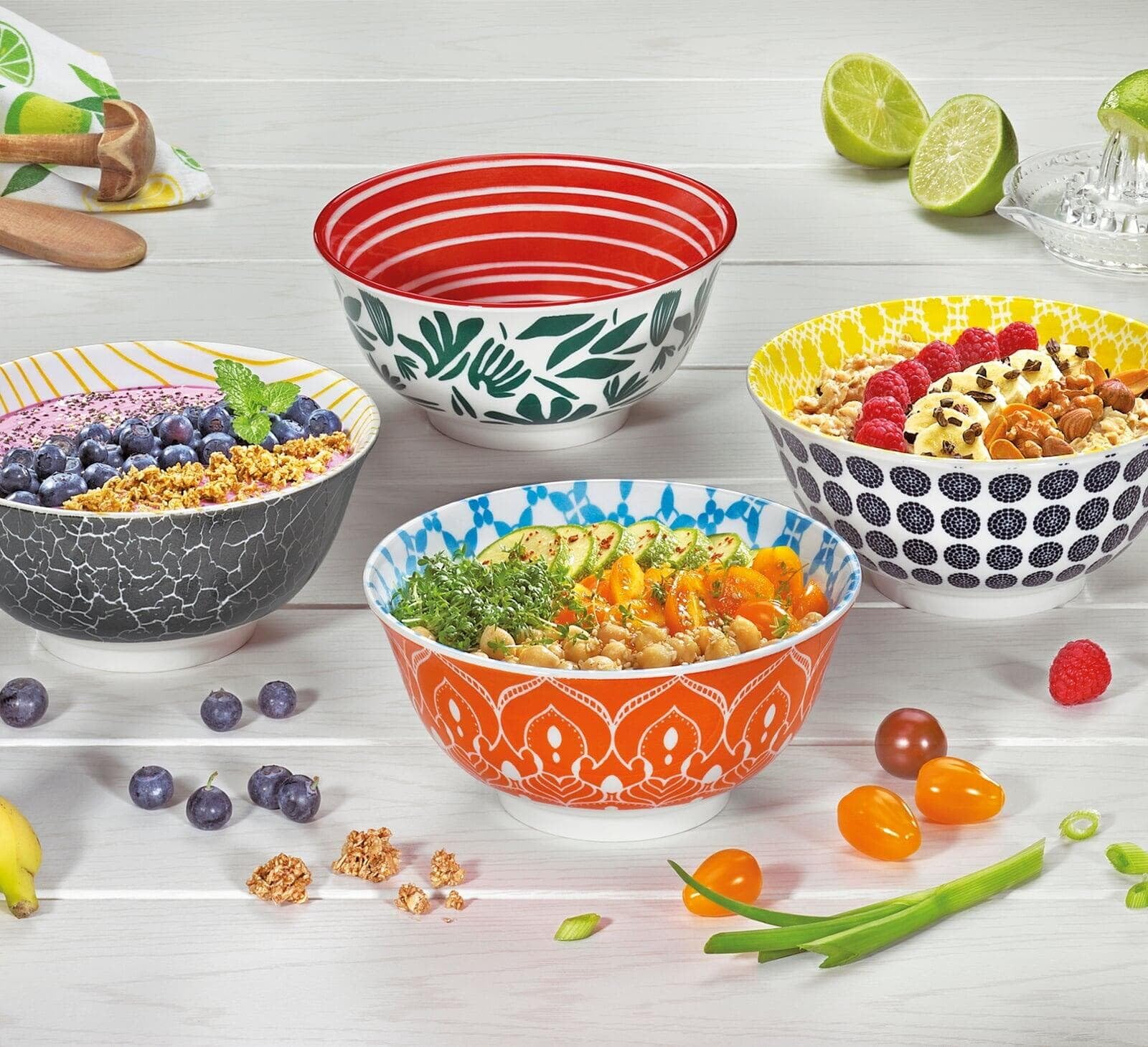 Cilio Amici Decorated Porcelain Bowl, 17 Ounce Capacity, 6" D x 2.75" H, Set of 6, Leaves Pattern