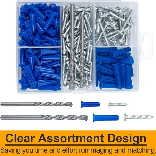 KURUI Wall Anchors & Screws Assortment Kit - 200PCs Concrete & Drywall Anchors with Drill Bit
