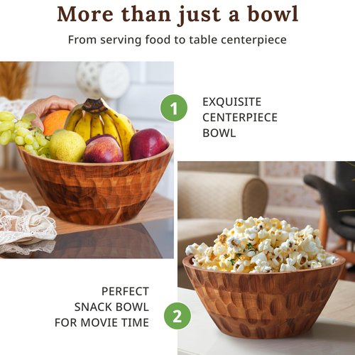 Culina Craftique Wooden Salad Bowl set - with Serving Utensils — 11" Large Acacia Wood Bowls For Food, Fruit | Mixing Pasta — Easy To Clean — For Hosting, Kitchen Decor, Gifts — With Placemat