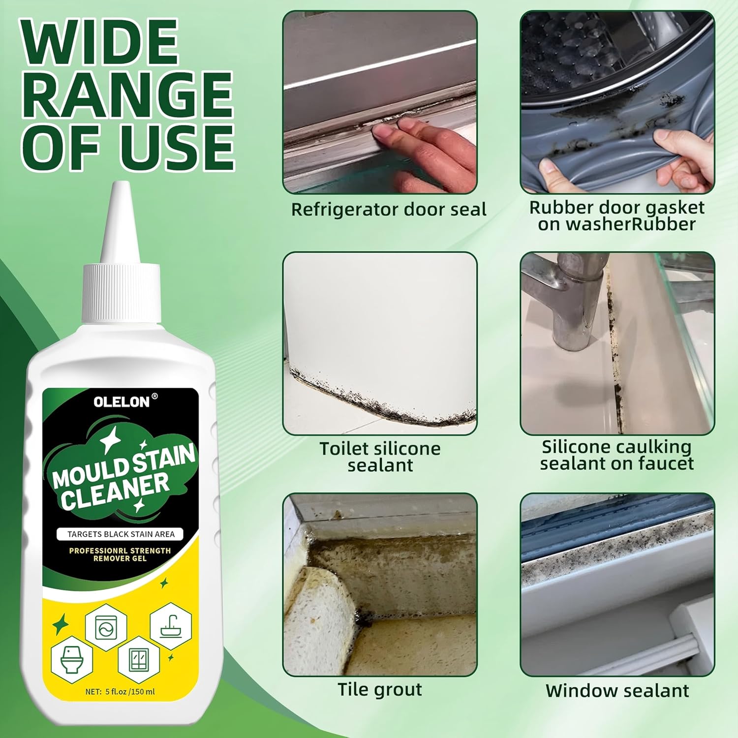 OLELON Mold Stain Remover Gel - Powerful Washer & Bathroom Cleaner for Grout, Tile & Rubber - 300ML