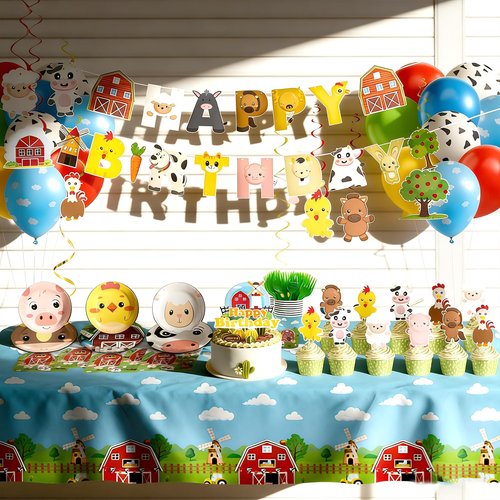 Farm Animals Birthday Decorations,161pcs Party Decorations Include Tablecloth,Plate and Napkin,Cup,Fork,Banner,Balloon,Cake Topper,Hanging Swirls, Farm Animals Themed Party Decorations Serve 24
