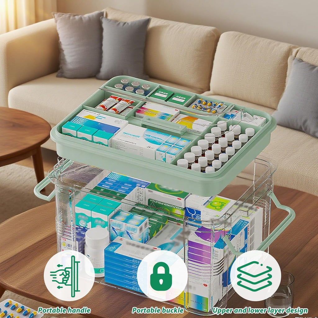 NZYNZY Clear Medicine Organizer - Thickened Plastic Storage Box with Tray & Handles | 15qt Capacity