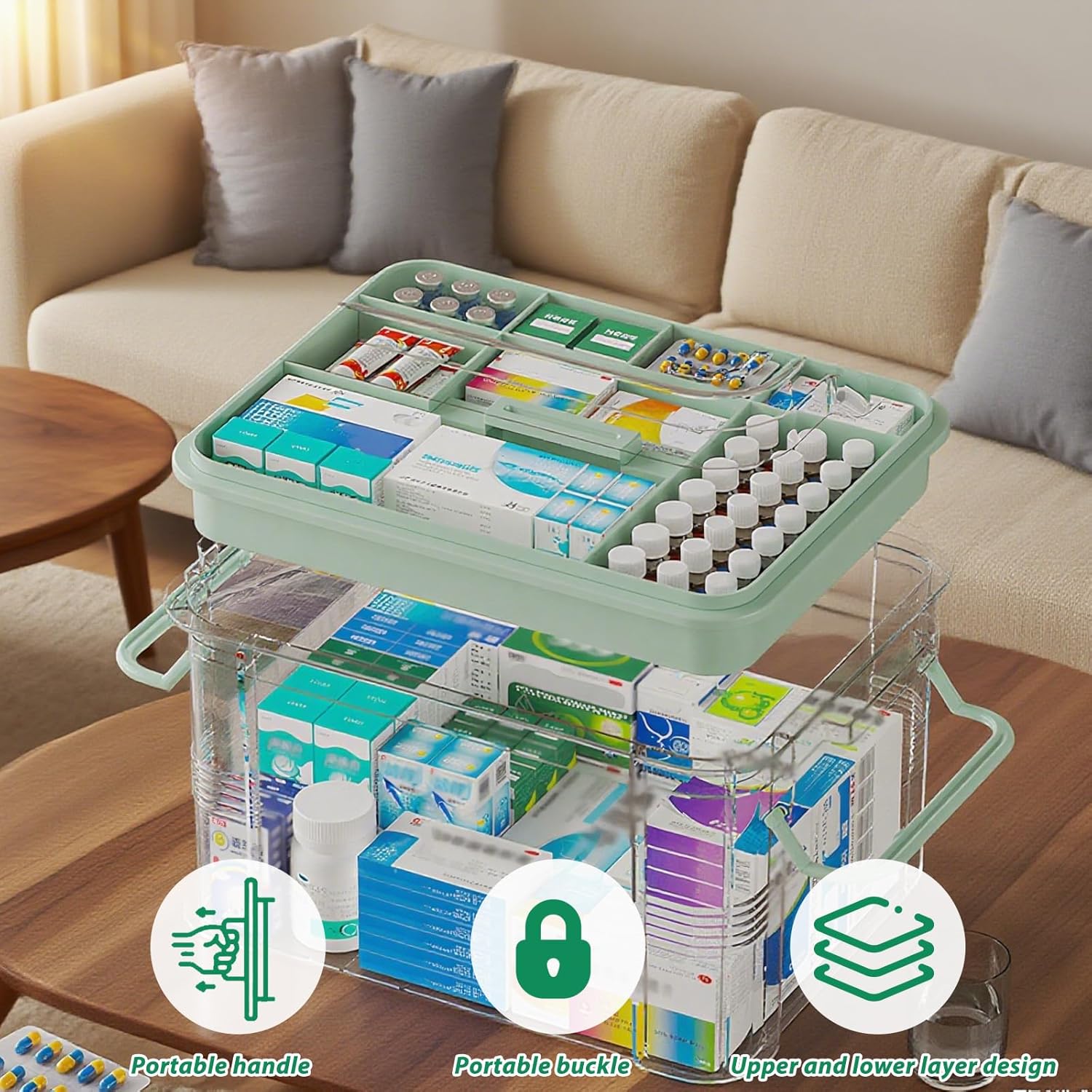NZYNZY Clear Medicine Organizer - Thickened Plastic Storage Box with Tray & Handles | 15qt Capacity