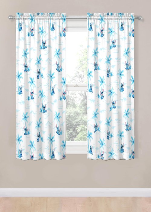 Jay Franco Black Out Window Curtains for Kids Bedroom 4-Piece Drape Set with 2 Tiebacks, White - Lilo & Stitch, 42" W x 63" L (Pack of 2)